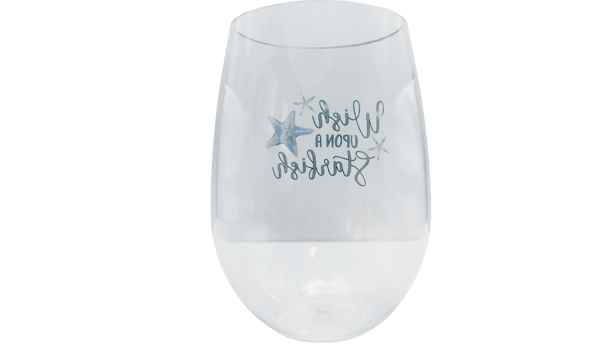 Starfish Acrylic Wine Glass back view with reversed Wish Upon a Starfish design visible through acrylic