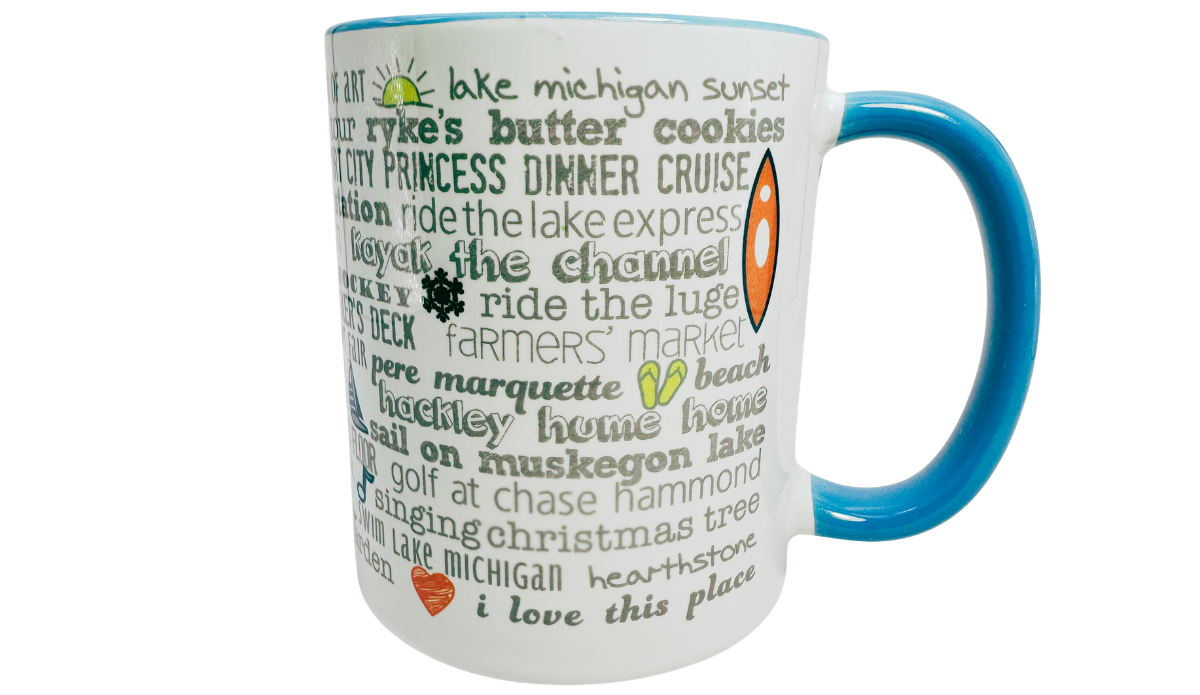 Muskegon Michigan Bucket List Coffee Mug back view with Lake Michigan and Pere Marquette Beach references