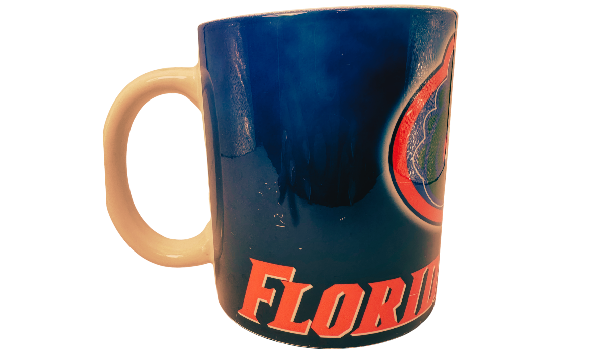 Florida Gators Blue Ombre Mug side view with orange Florida lettering and white handle