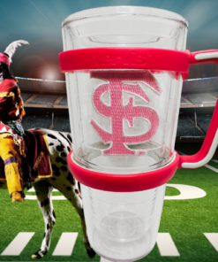 Florida State Pink Tervis Tumbler in football stadium with Osceola riding Renegade