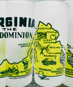 Vintage Virginia Old Dominion Glass shown in multiple views against a scenic Blue Ridge mountain landscape