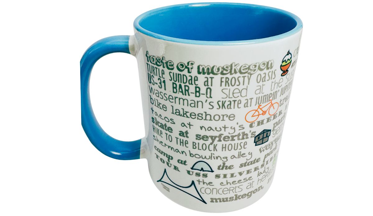 Muskegon Michigan Bucket List Coffee Mug inside view showing aqua-blue interior, rim, and handle