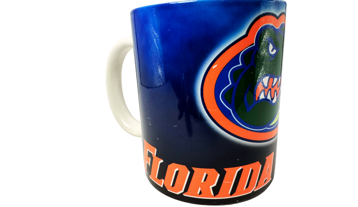 Florida Gators Blue Ombre Mug angled view with Gator head graphic and Florida lettering