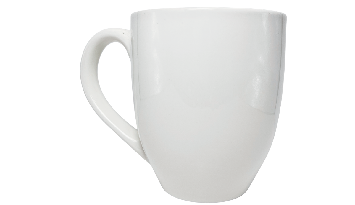 Auburn University Mom Mug back view with plain glossy white finish and curved handle