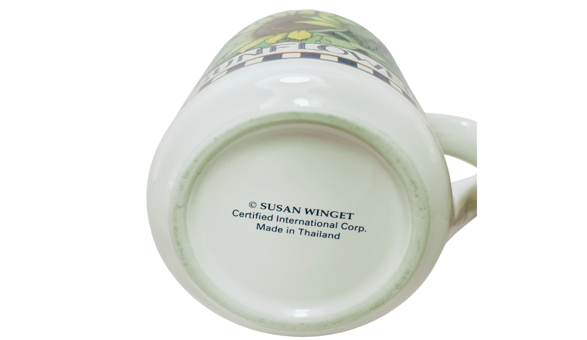 Susan Winget Sunflower Coffee Mug bottom view with Certified International Corp. and Made in Thailand markings
