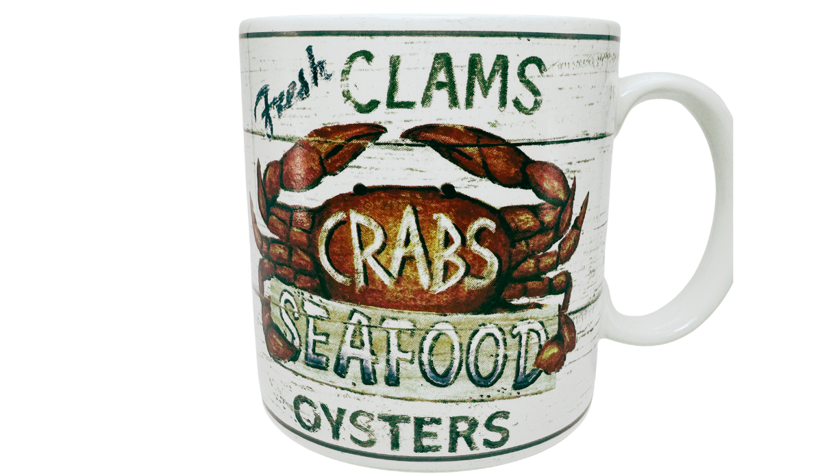 Casa Moda Fresh Clams Crab Mug front view with red brown crab, seafood wording, and distressed coastal design