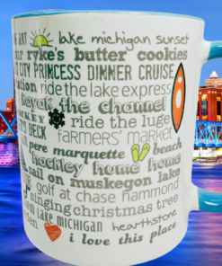 Muskegon Michigan Bucket List Coffee Mug displayed against a colorful Michigan waterfront cityscape