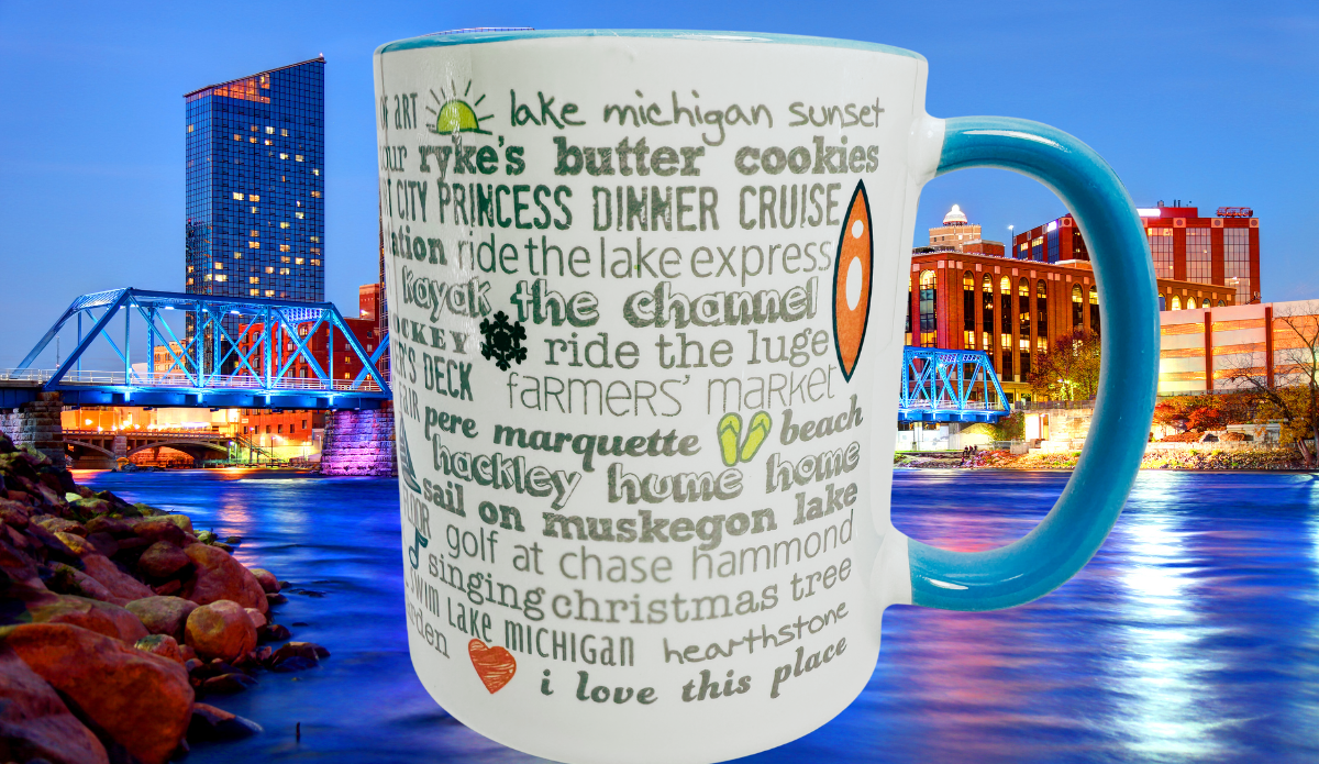 Muskegon Michigan Bucket List Coffee Mug displayed against a colorful Michigan waterfront cityscape