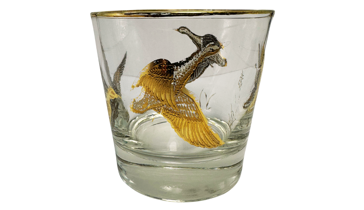 Vintage Game Bird Whiskey Glass side view with large gold flying bird