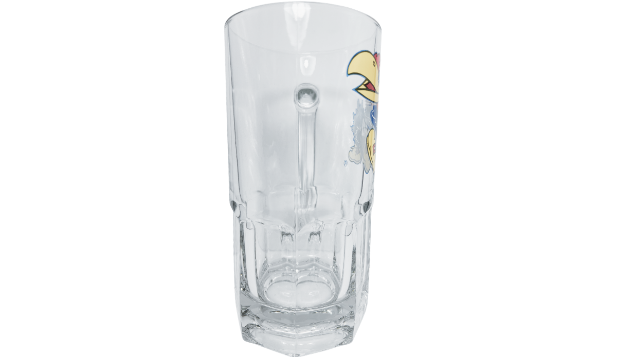 Kansas Jayhawks Glass Beer Mug middle view with clear body and partial Jayhawk graphic