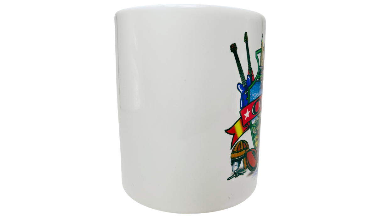 Famous Ohio Sights Souvenir Mug side view with glossy white ceramic and partial guitar, banner, and football artwork
