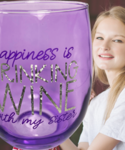 Purple Sister Wine Glass displayed beside two women enjoying time together