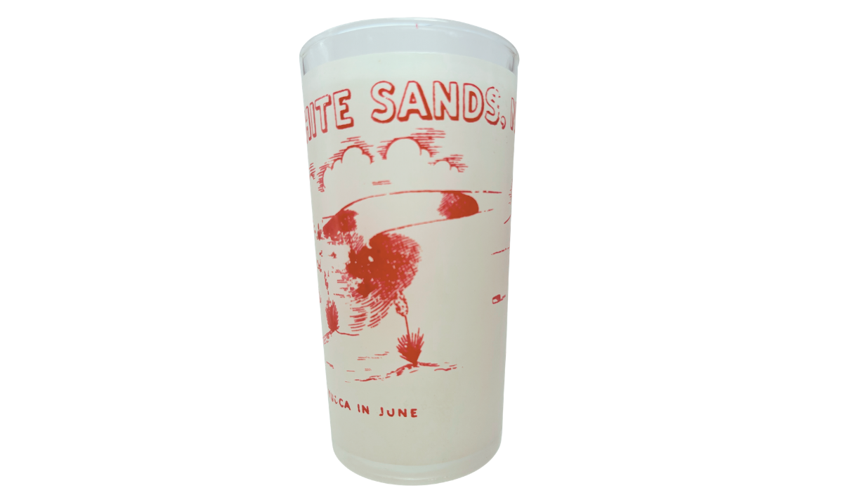 Vintage White Sands Monument Glass with red New Mexico dune scene and Yucca in June detail