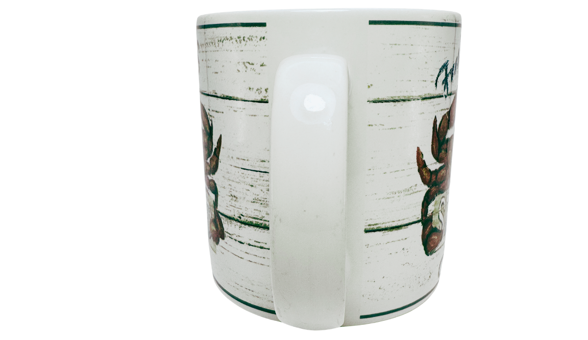 Casa Moda Fresh Clams Crab Mug handle view with large white handle and coastal wraparound artwork
