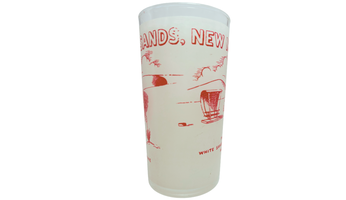 Vintage White Sands Monument Glass with red picnic shelter, dunes, and New Mexico lettering