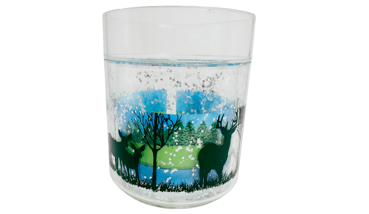 Michigan Deer Glass side view with deer silhouettes, trees, and blue and green woodland scenery
