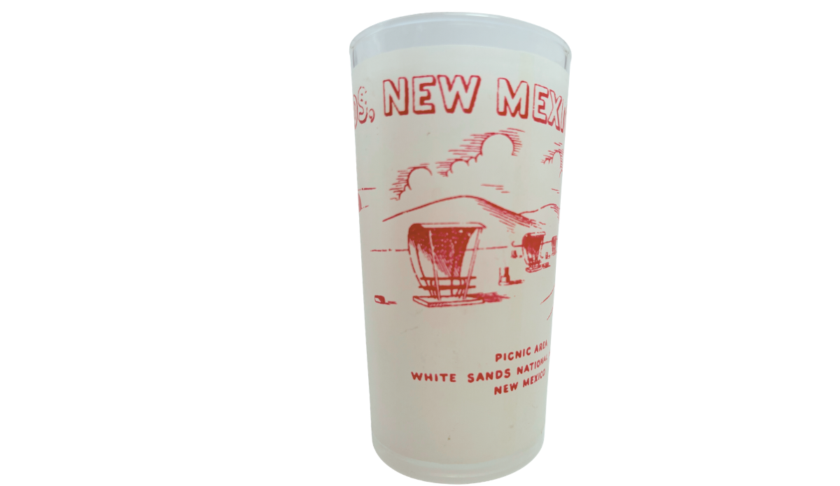 Vintage White Sands Monument Glass with red picnic shelter and White Sands National Monument wording