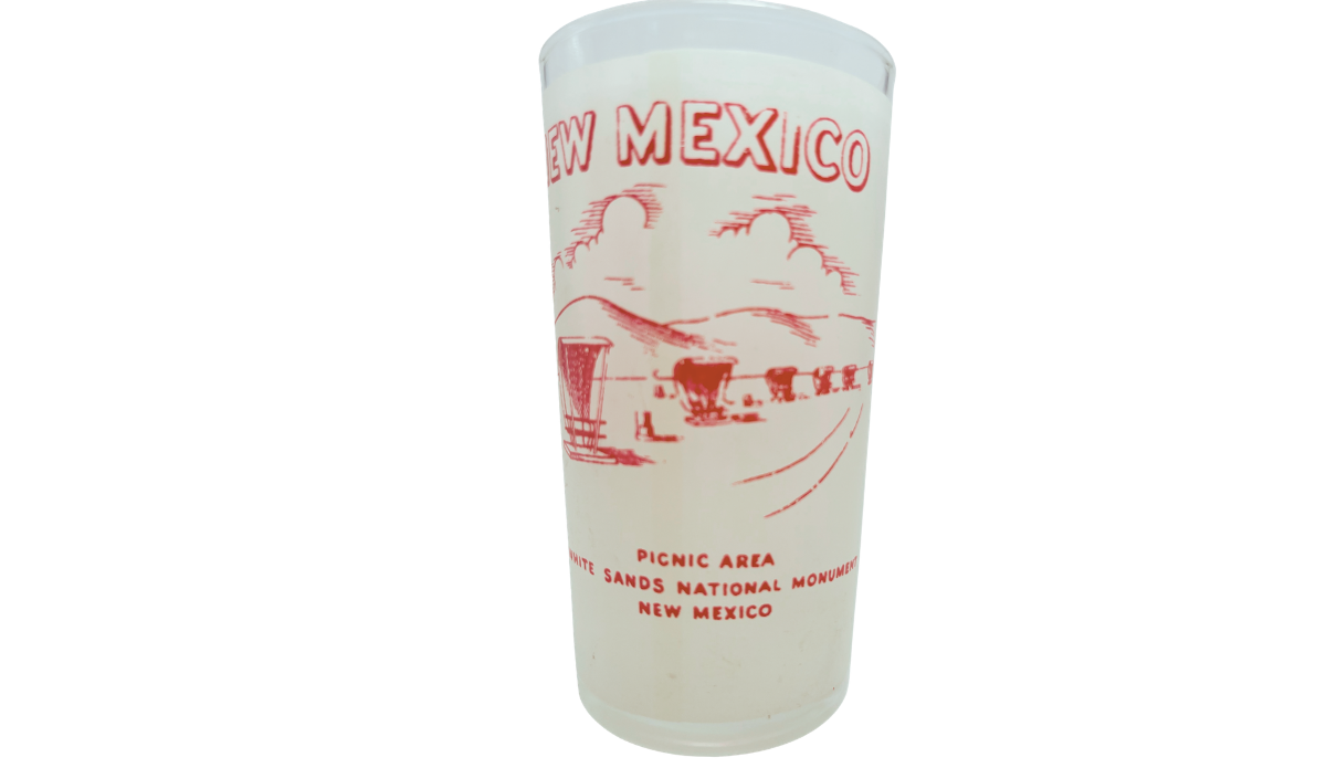 Vintage White Sands Monument Glass with red New Mexico picnic area, dunes, and shelter artwork