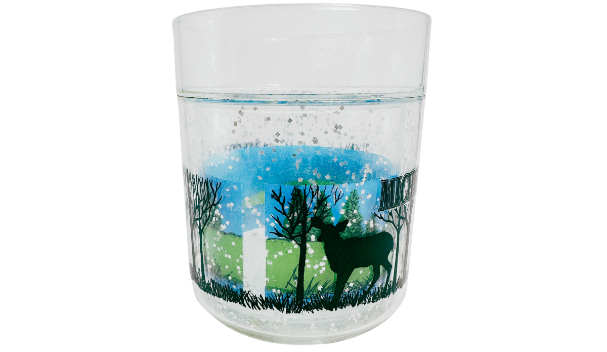Michigan Deer Glass side view with antlered deer, trees, and wraparound forest scenery