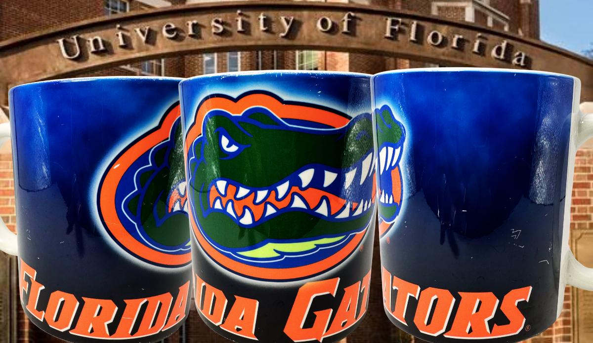 Florida Gators Blue Ombre Gator Head Mug displayed at University of Florida entrance
