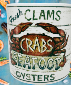 Casa Moda Fresh Clams Crab Mug displayed with lobster, crab, shrimp, oysters, mussels, lemon, and herbs