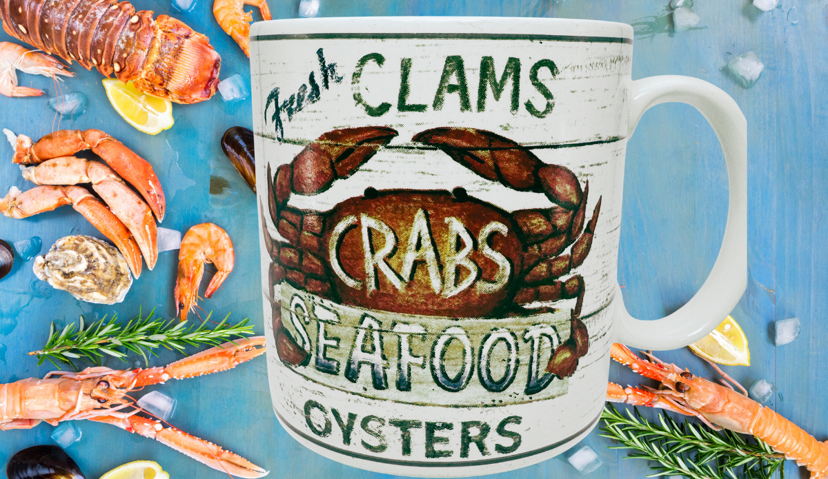 Casa Moda Fresh Clams Crab Mug displayed with lobster, crab, shrimp, oysters, mussels, lemon, and herbs