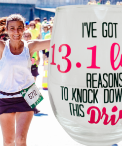 Funny Half Marathon Wine Glass displayed beside a smiling runner celebrating during a road race