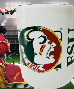 Florida State Seminoles wraparound logo coffee mug in football stadium scene with Osceola and Renegade