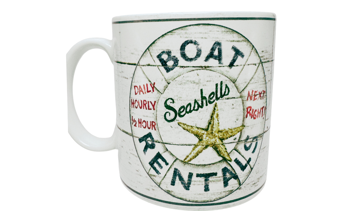 Casa Moda Boat Rentals Seashells Mug front view with life preserver, starfish, and nautical rental sign design
