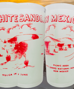 Vintage White Sands Monument Glass shown in multiple views against White Sands dunes at sunset