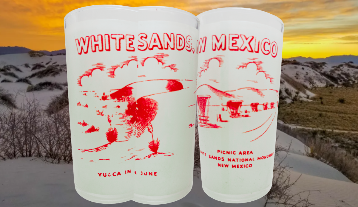 Vintage White Sands Monument Glass shown in multiple views against White Sands dunes at sunset