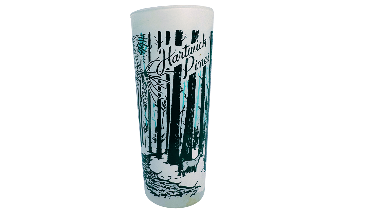 Vintage Hartwick Pines Michigan frosted souvenir glass with black and turquoise pine forest artwork and deer