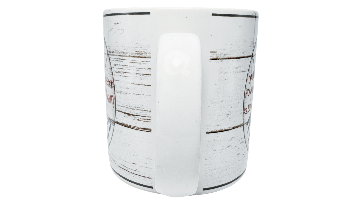 Casa Moda Boat Rentals Seashells Mug handle view with white curved handle and distressed coastal design