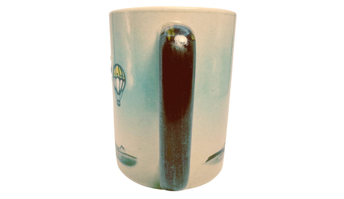 Otagiri Hot Air Balloon Coffee Mug handle view with blue green and brown accents