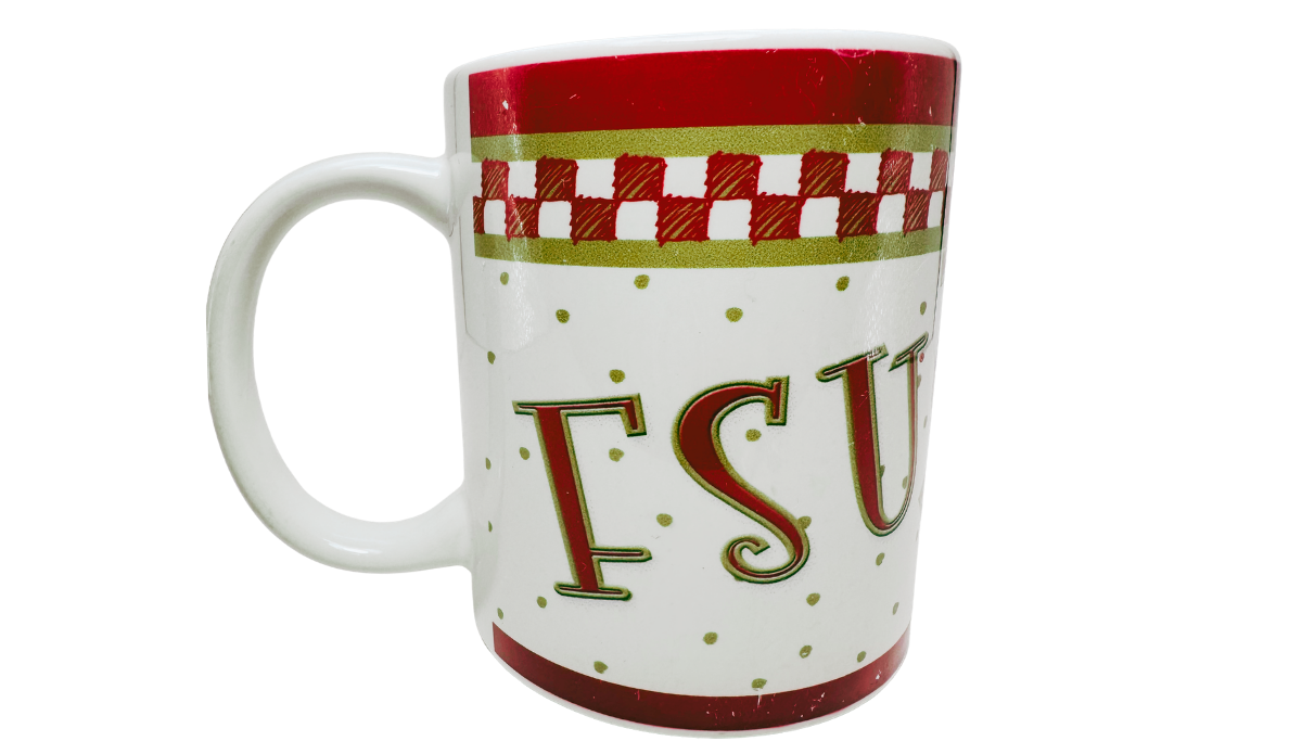 Florida State Checkerboard Mug front view with large FSU lettering and garnet gold checkerboard design