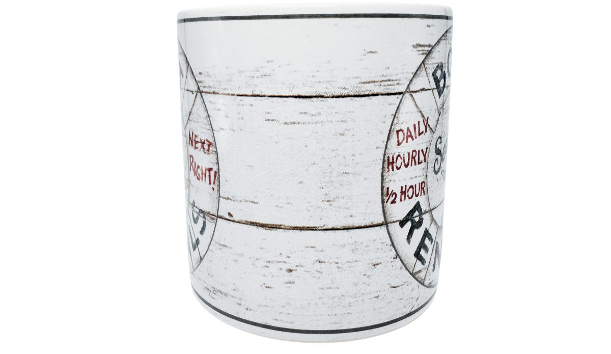 Casa Moda Boat Rentals Seashells Mug middle view with distressed white wood design and nautical artwork edges