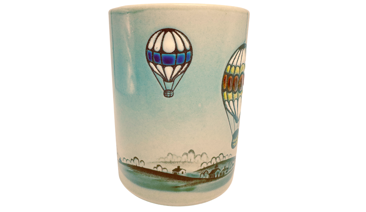 Otagiri Hot Air Balloon Coffee Mug middle view with blue purple balloon and countryside
