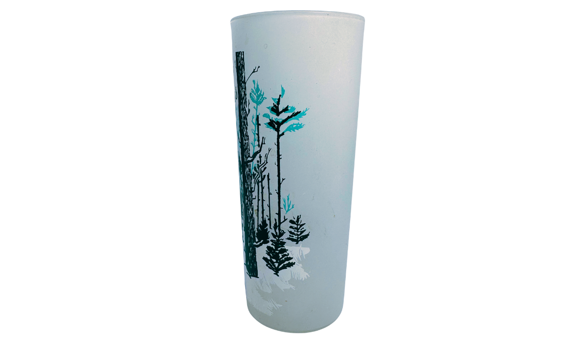 Vintage Hartwick Pines frosted souvenir glass with pine trees and turquoise forest accents