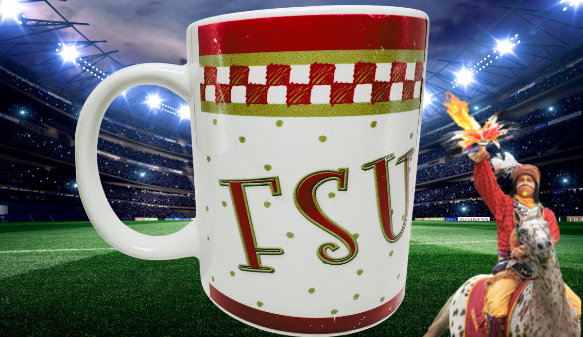 Florida State Checkerboard Mug in football stadium scene with Osceola riding Renegade