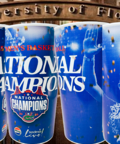 Florida Gators 2025 Basketball National Champions Cup displayed at University of Florida entrance