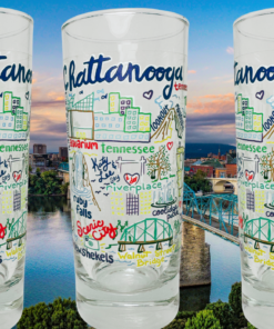 Three angles of the Catstudio Chattanooga Tennessee Souvenir Glass displayed against the Chattanooga riverfront and bridges
