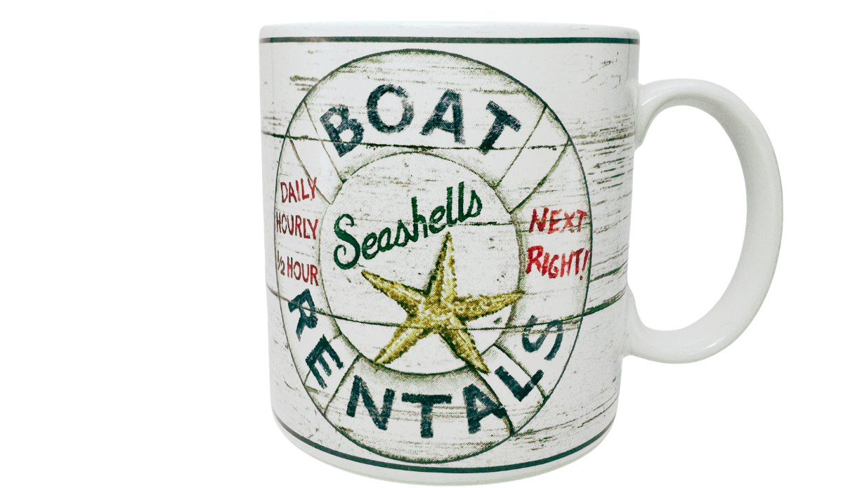 Casa Moda Boat Rentals Seashells Mug alternate side view with starfish, seashells wording, and boat rentals design