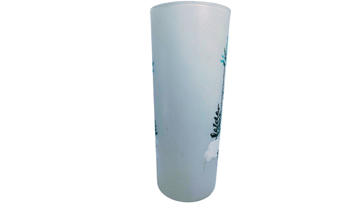 Vintage Hartwick Pines Michigan frosted souvenir glass back view with minimal woodland artwork