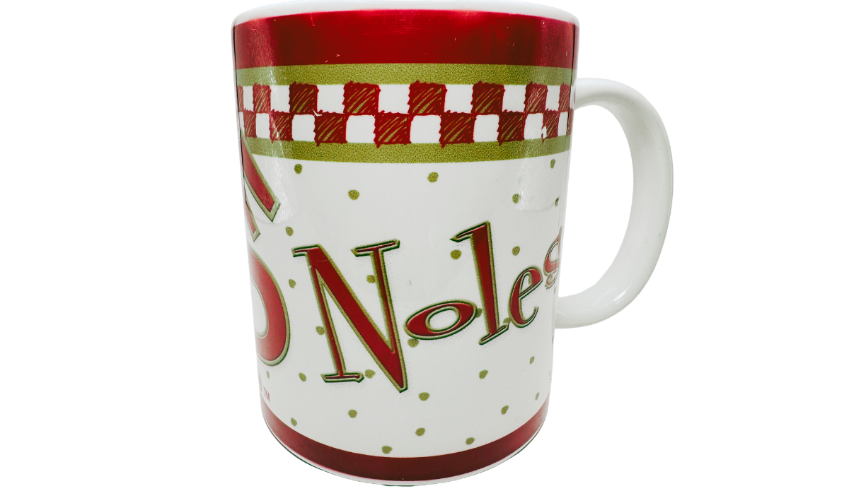 Florida State Checkerboard Mug Noles view with decorative lettering gold dots and garnet checkerboard border