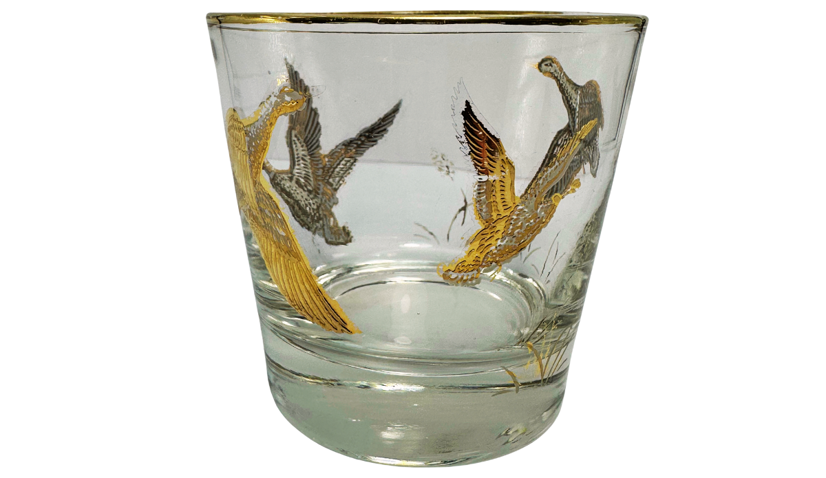 Game Bird Whiskey Glass wraparound design with flying birds and marsh details