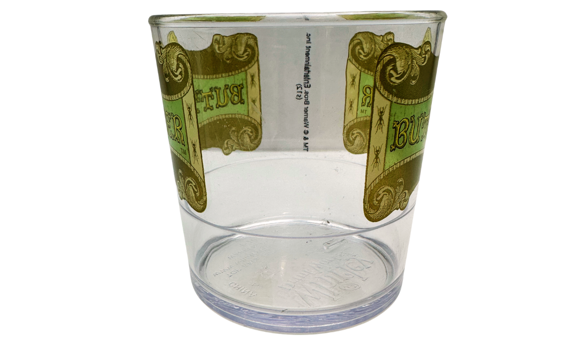 Harry Potter Clear Butterbeer Souvenir Cup other side view with wraparound label ends
