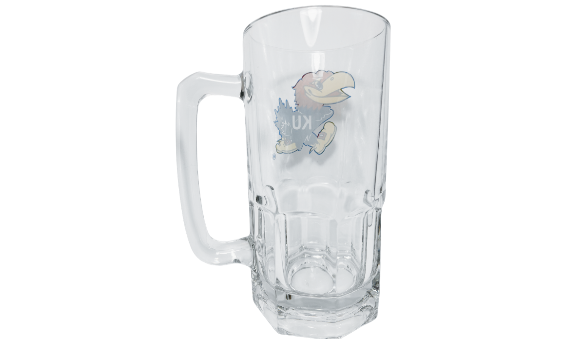 Kansas Jayhawks Glass Beer Mug back view with Jayhawk artwork visible through clear glass