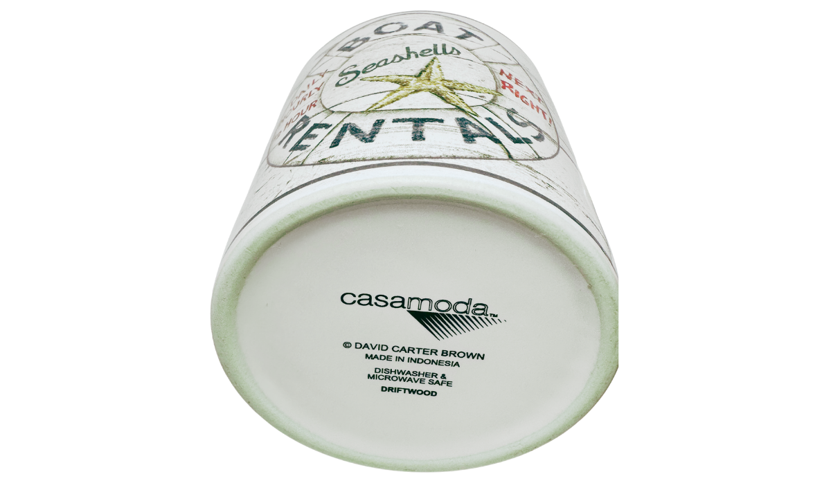 Casa Moda Boat Rentals Seashells Mug bottom view with casamoda David Carter Brown maker markings