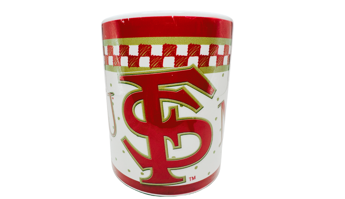 Florida State Checkerboard Mug monogram view with large interlocking FSU logo and garnet gold accents