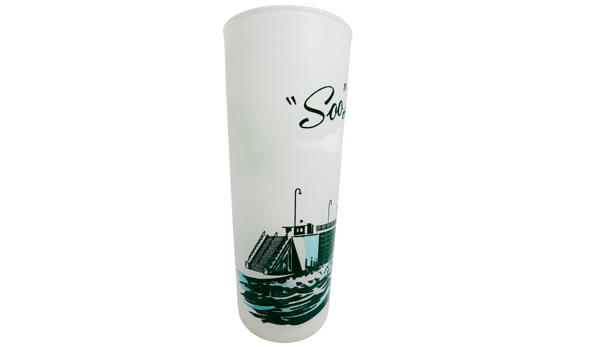 Vintage Soo Locks Glass front view with frosted finish, ship lock artwork, water, and scripted lettering